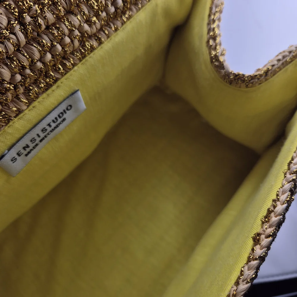 Woven Straw Top-Handle Bag in Gold and Cream